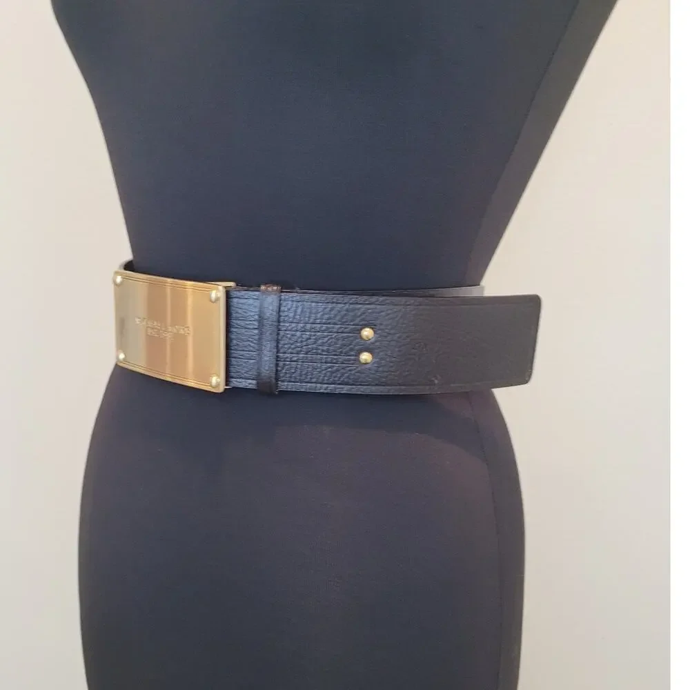 Michael Kors Leather Belt Black Brown Gold Logo XL Luxury Capsule Minimalist